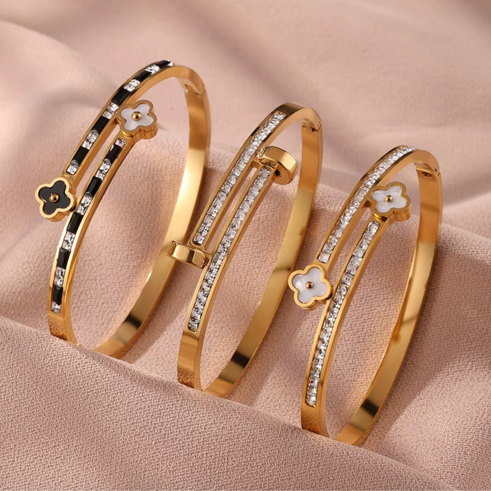 Clover Set of 3 Bangle Bracelets - Stainless Steel